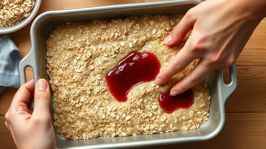 process: hands pressing oat mixture into baking pan with jam visible, overhead shot, natural kitchen light, no text
