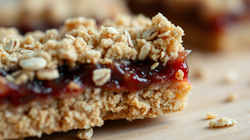 detail: close-up cross-section of oatmeal bar showing layers of oats, jam, and crumbly topping, shallow depth of field, natural light, no text