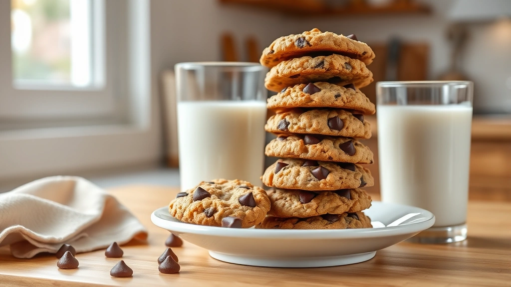 hero: golden oatmeal chocolate chip cookies stacked on a white ceramic plate with a glass of cold milk beside them, photorealistic, natural window light, no text, warm cozy kitchen background