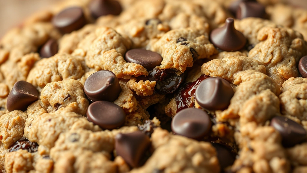 detail: close-up of a broken oatmeal chocolate chip cookie showing melty chocolate chips and chewy texture, photorealistic, natural light, no text, shallow depth of field