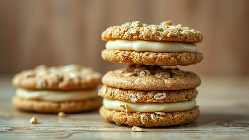 hero: stack of oatmeal cream pie sandwich cookies with visible oats and creamy filling, photorealistic, natural light, wooden surface, no text