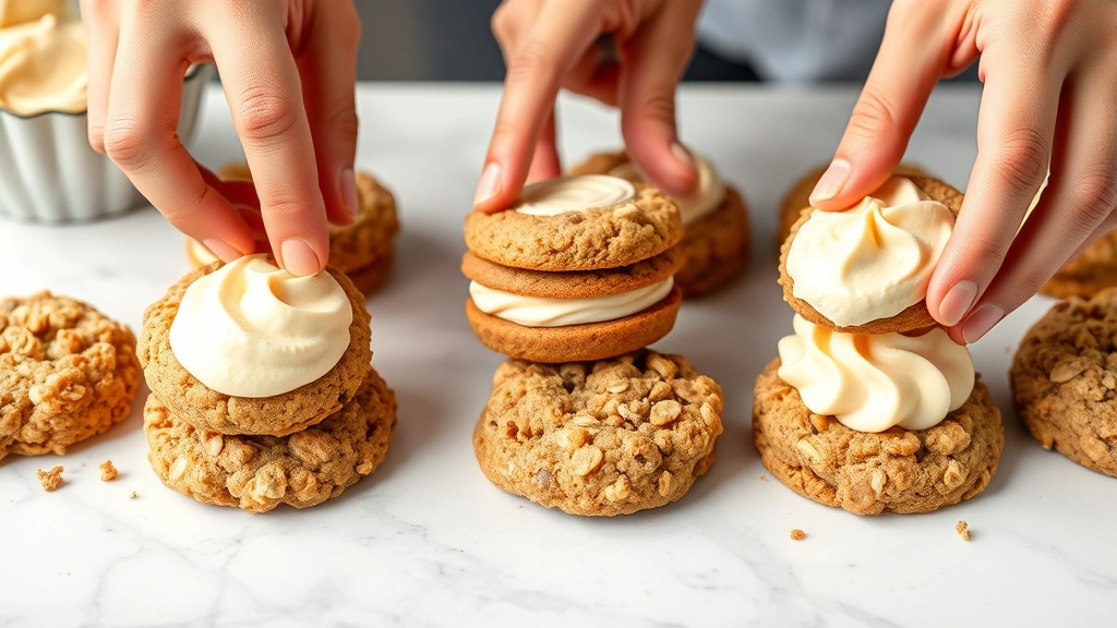 process: hands assembling oatmeal cream pie cookies with buttercream filling, photorealistic, natural light, no text