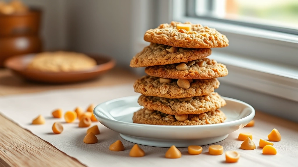 hero: golden brown oatmeal scotchie cookies stacked on a white ceramic plate with butterscotch chips visible, photorealistic, natural window light, no text, warm cozy aesthetic
