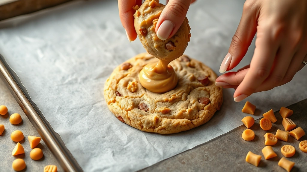 process: hands dropping cookie dough onto parchment-lined baking sheet, butterscotch chips scattered nearby, photorealistic, natural light, no text