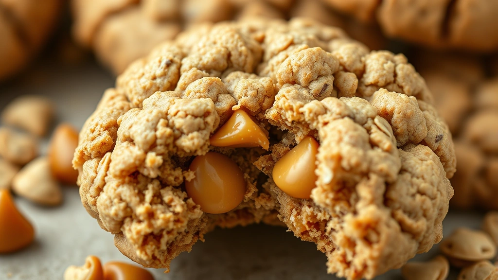 detail: close-up of single oatmeal scotchie cookie broken in half showing chewy center and butterscotch chips, photorealistic, natural light, no text