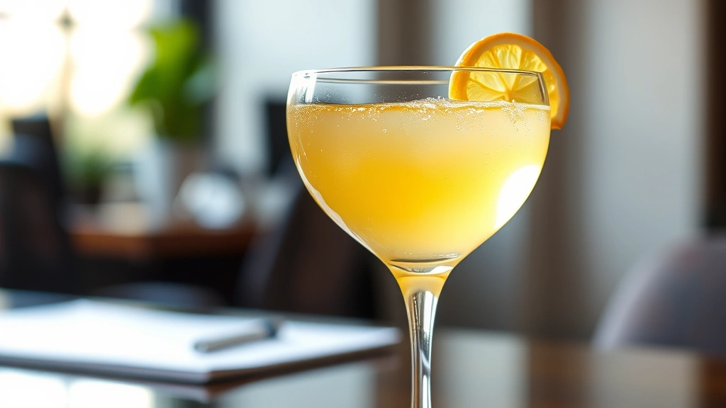 hero: Office Romance cocktail in coupe glass with lemon twist, pale yellow color, prosecco bubbles visible, elegant professional setting, soft natural light from window, blurred office background