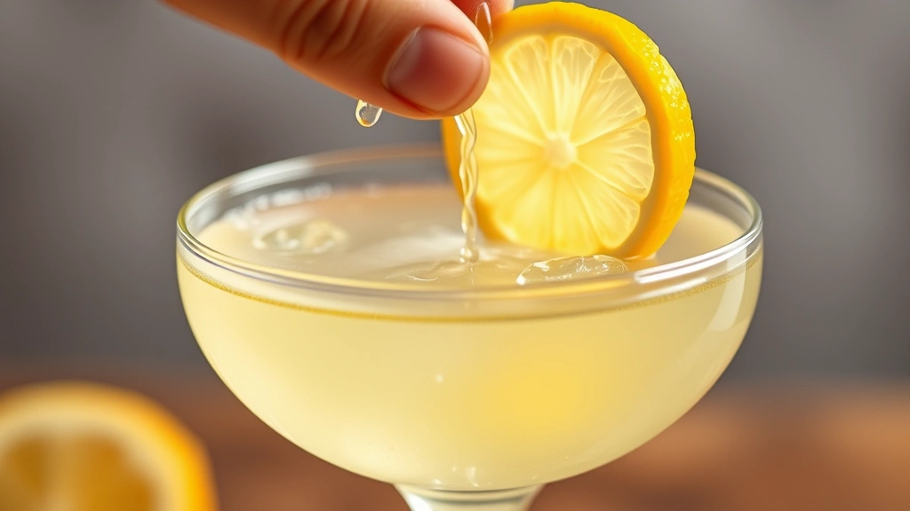detail: close-up of lemon twist being expressed over coupe glass with elderflower-colored cocktail, aromatic oils visible, shallow depth of field, professional lighting