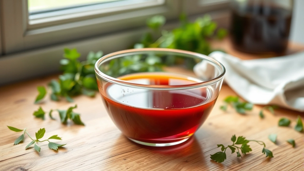 hero: beautiful homemade vinaigrette in a clear glass bowl, golden olive oil and deep red vinegar visible, fresh herbs scattered nearby, natural window light, wooden table background, no text