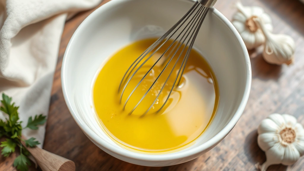process: whisking vinaigrette in a white ceramic bowl, olive oil streaming in, whisking motion captured, fresh shallots and garlic nearby, natural daylight, no text