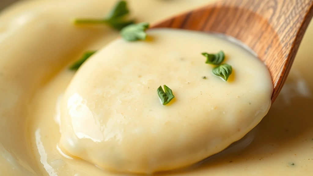 detail: close-up of silky emulsified dressing, showing creamy texture, fresh herb garnish, wooden spoon, shallow depth of field, no text