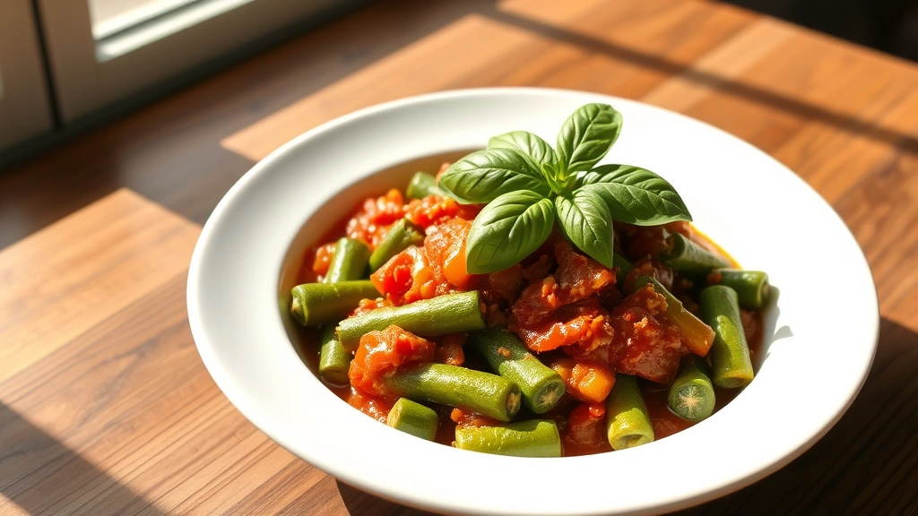 hero: finished okra and tomatoes dish in white ceramic serving bowl, vibrant green okra pieces and red tomato sauce, fresh basil garnish on top, sunlight streaming from window, wooden table background, no text or watermarks