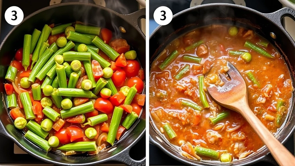 process: cooking okra in cast iron skillet with tomatoes and onions, mid-cook showing sauce forming, steam rising, natural kitchen light, wooden spoon stirring, no text