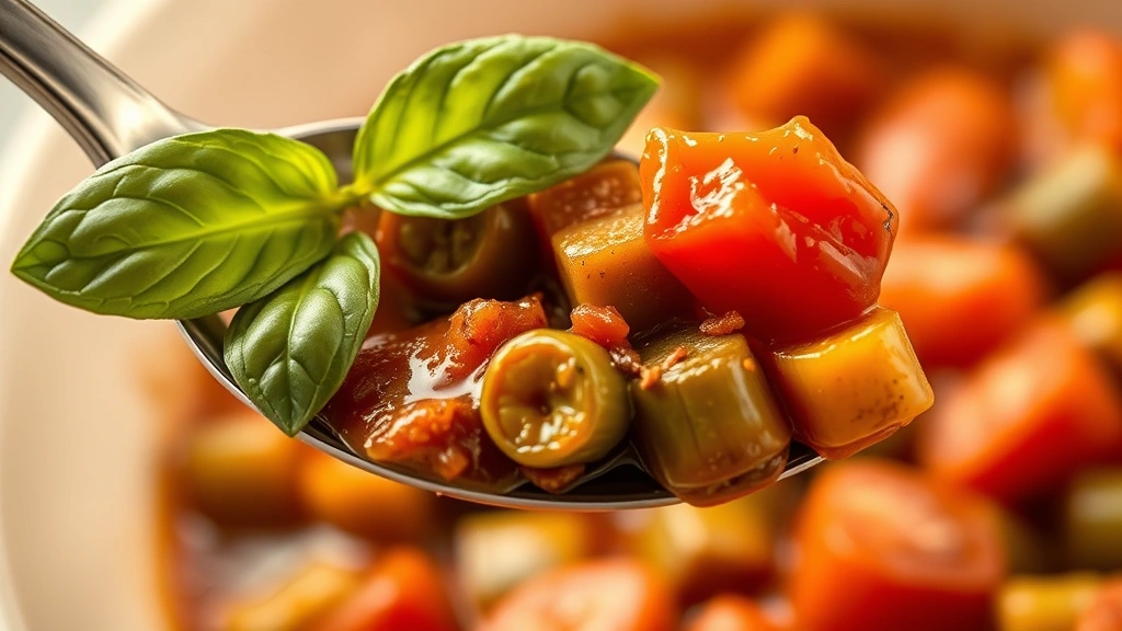 detail: close-up macro shot of single spoonful of okra and tomatoes, sauce coating okra pieces, fresh basil leaf, warm golden light, shallow depth of field, no text