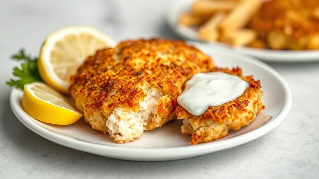 hero: golden crispy Old Bay crab cake on white plate with lemon wedge, photorealistic, natural daylight, shallow depth of field, no text
