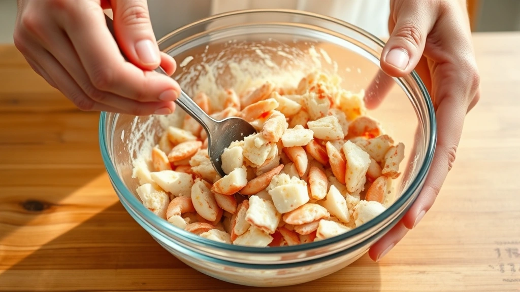 process: hands gently folding crab mixture in glass bowl with spatula, photorealistic, warm natural light, no text