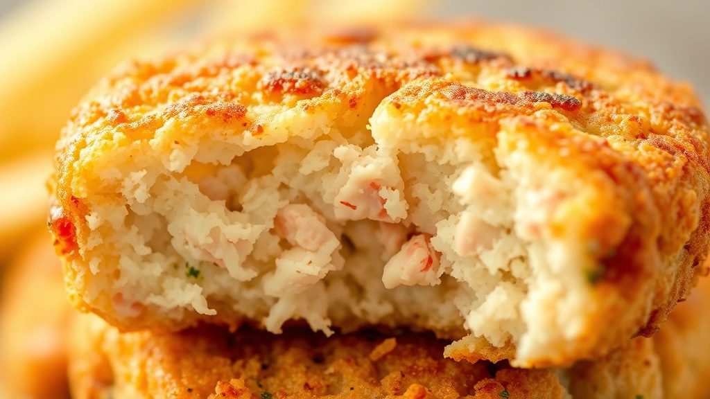 detail: close-up cross-section of crab cake showing flaky crab meat interior and crispy golden exterior, photorealistic, natural light, no text