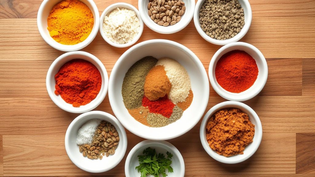 hero: overhead flat lay of colorful spices (chili powder, cumin, paprika, garlic powder, onion powder, oregano) in small white bowls arranged in a circle with the finished taco seasoning in the center bowl, photorealistic, natural window light, wooden surface, no text