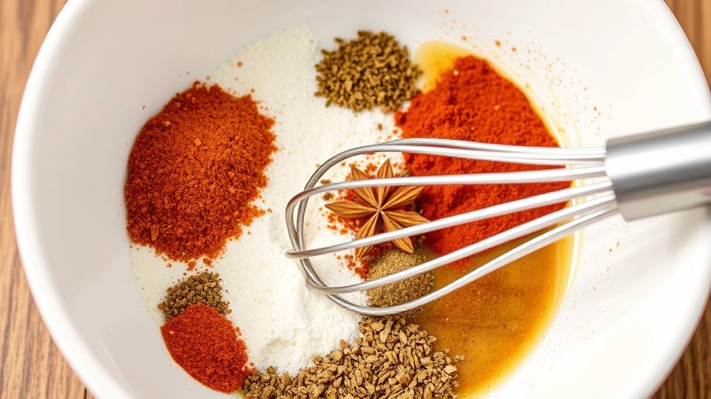 process: close-up action shot of spices being whisked together in a white ceramic bowl with a silver whisk, photorealistic, natural light, no text