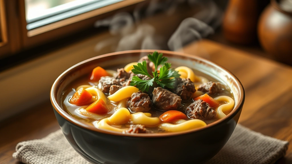 hero: bowl of beef and noodles, steam rising, rich brown broth, tender beef chunks, egg noodles, carrots, garnished with fresh parsley, photorealistic, warm natural window light, cozy setting