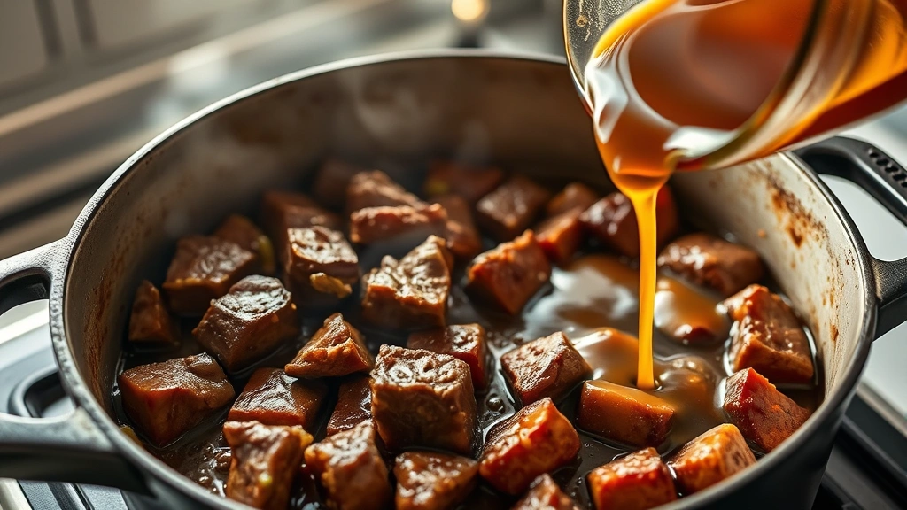 process: beef browning in Dutch oven with golden crust, caramelized meat pieces, aromatic broth being poured, photorealistic, kitchen lighting, dynamic cooking action