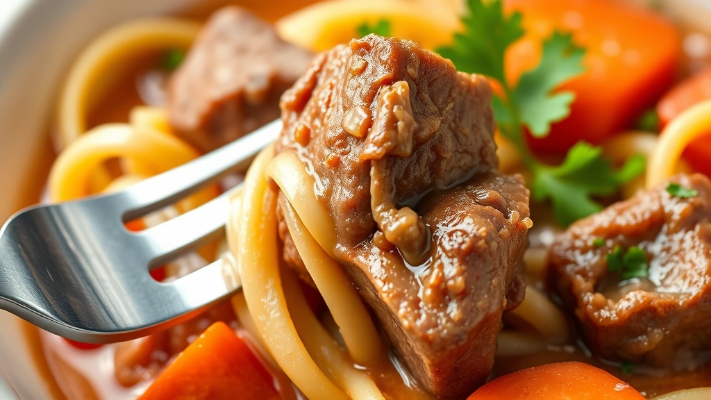 detail: close-up of tender beef cube with fork, creamy noodle texture, carrots, rich broth coating, fresh parsley garnish, photorealistic macro, warm soft light