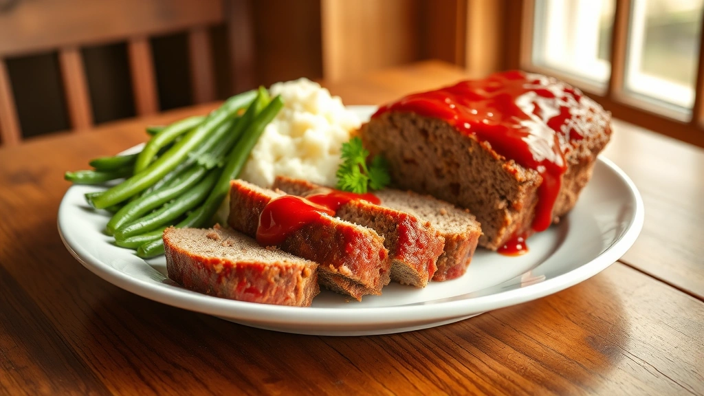 hero: sliced classic old fashioned meatloaf on white plate with red ketchup glaze, mashed potatoes and green beans on the side, warm natural window light, wooden table, fresh parsley garnish, no text