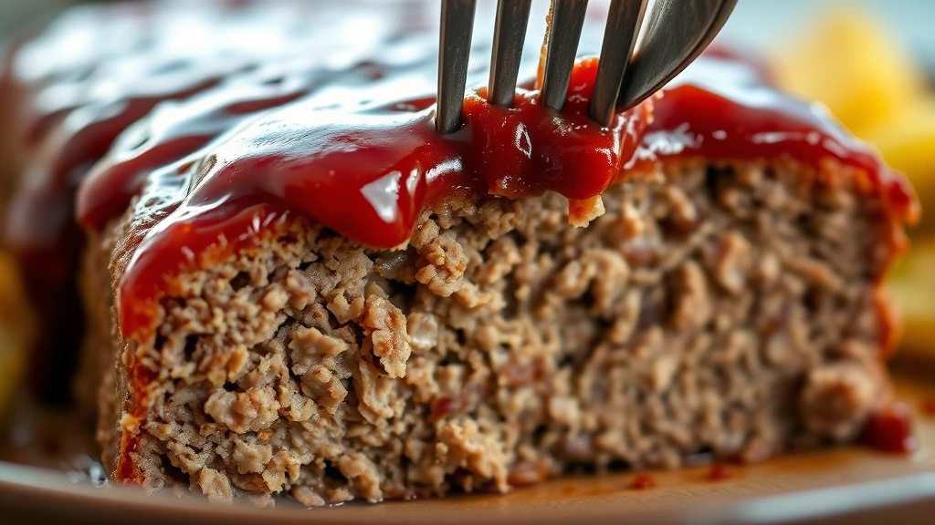 detail: close-up cross-section of meatloaf slice showing tender interior texture and caramelized ketchup glaze on top, fork picking up bite, shallow depth of field, warm lighting, no text
