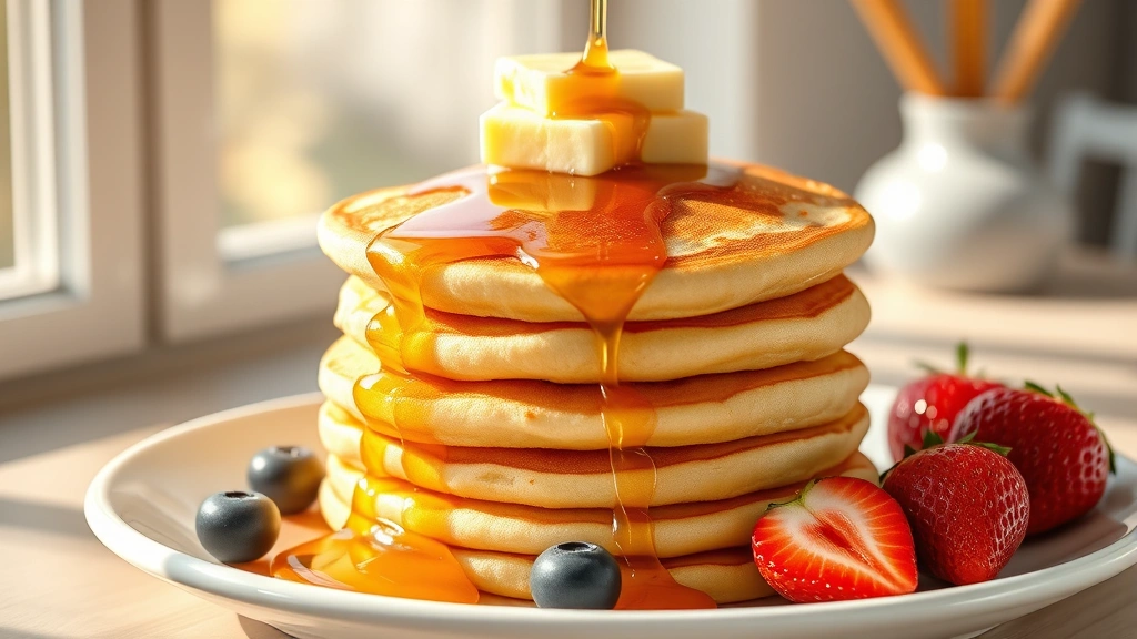 hero: Stack of fluffy golden-brown old fashioned pancakes topped with melting butter and warm maple syrup dripping down the sides, served on a white ceramic plate with fresh blueberries and strawberries on the side, morning sunlight streaming through a window, photorealistic, natural light, no text