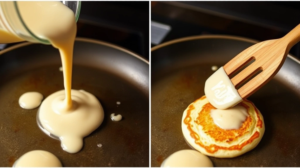 process: Pouring pancake batter onto a hot buttered griddle, bubbles forming on the surface of partially cooked pancakes, wooden spatula flipping a golden pancake, action shot, photorealistic, natural light, no text
