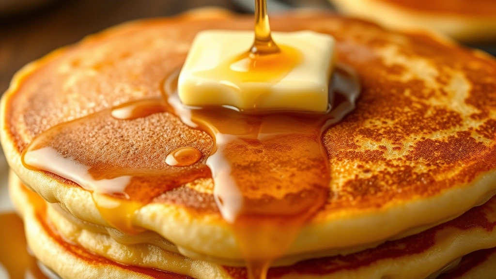 detail: Close-up of a perfectly golden-brown pancake with melting butter on top, steam rising, maple syrup cascading over the edge, showing the fluffy interior texture, photorealistic, natural light, no text