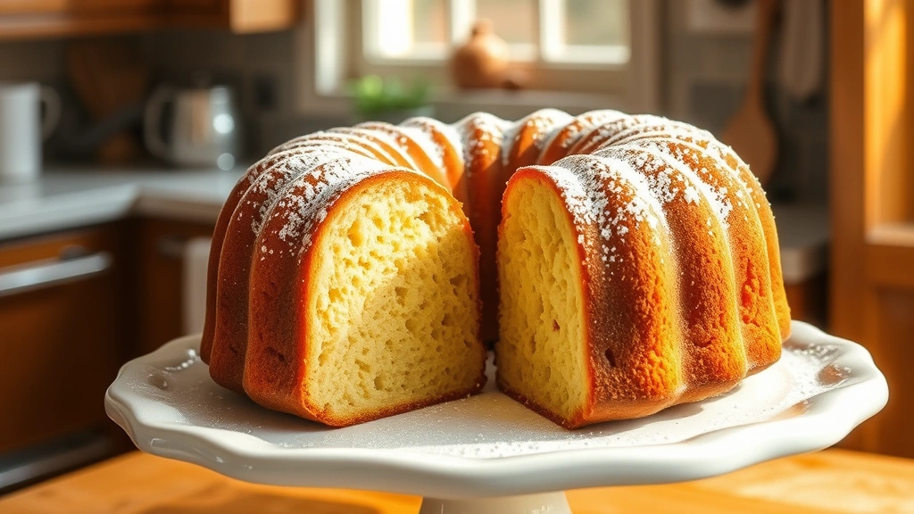 hero: Golden brown old fashioned pound cake in bundt pan, sliced to show tender crumb, dusted with powdered sugar, displayed on white ceramic cake plate, natural window light streaming across, vintage kitchen background, photorealistic, no text