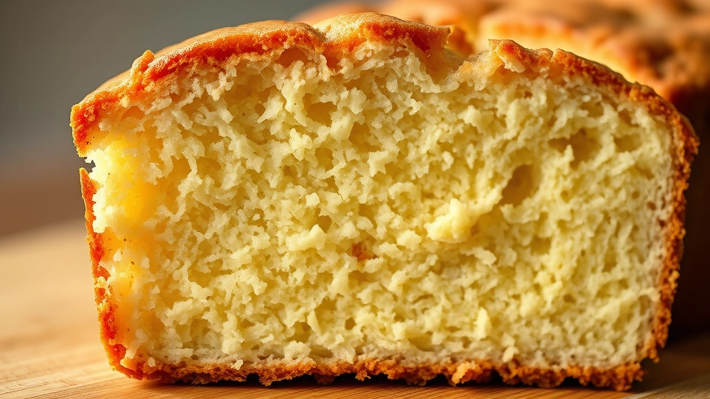 detail: Close-up cross-section of pound cake slice showing dense tender crumb structure, golden exterior, light streaming through, shallow depth of field, photorealistic, no text