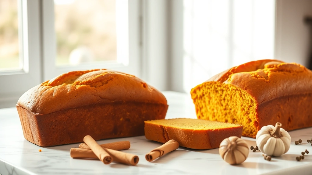 hero: two golden-brown pumpkin bread loaves on a marble countertop with cinnamon sticks and whole nutmeg nearby, photorealistic, warm natural window light, no text