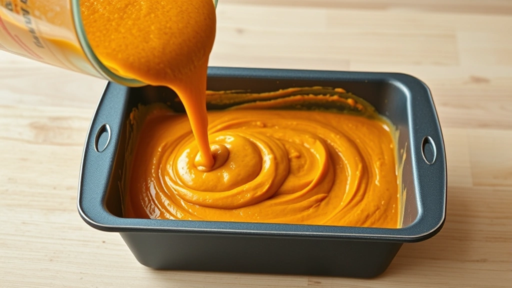 process: pouring pumpkin batter into a greased loaf pan, showing the rich orange batter texture, photorealistic, bright kitchen lighting, no text