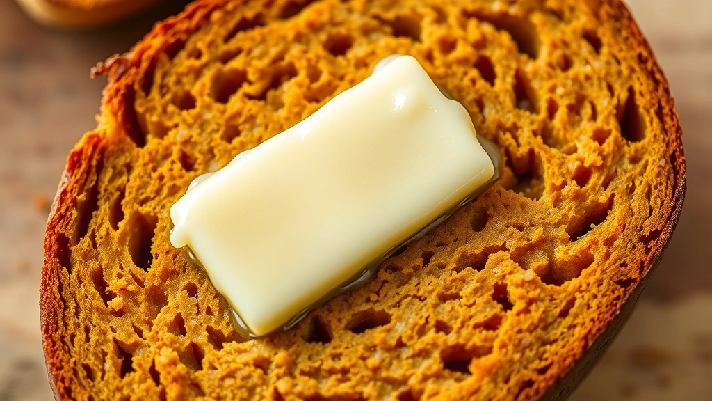 detail: close-up of a fresh slice of pumpkin bread showing the tender crumb and moist texture with a pat of melting butter on top, photorealistic, natural light from above, no text