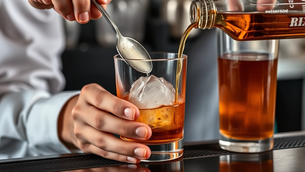 process: bartender's hands muddling sugar and bitters in glass with bar spoon, close-up of technique, clear ice cube, amber liquid being poured, natural soft lighting, professional bartending environment, no text