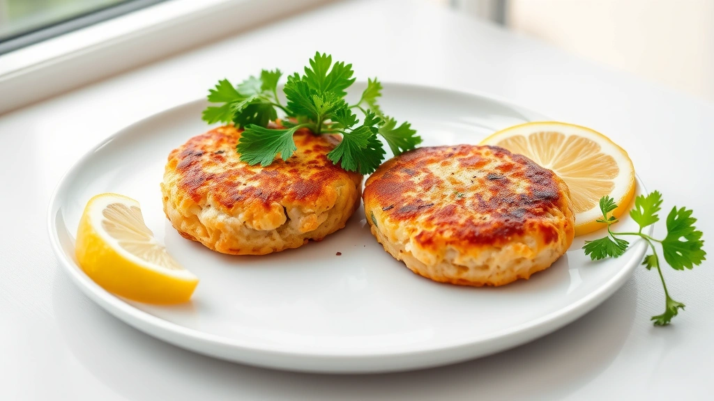 hero: golden brown salmon patties on a white plate with lemon wedges and fresh parsley garnish, photorealistic, natural window lighting, no text