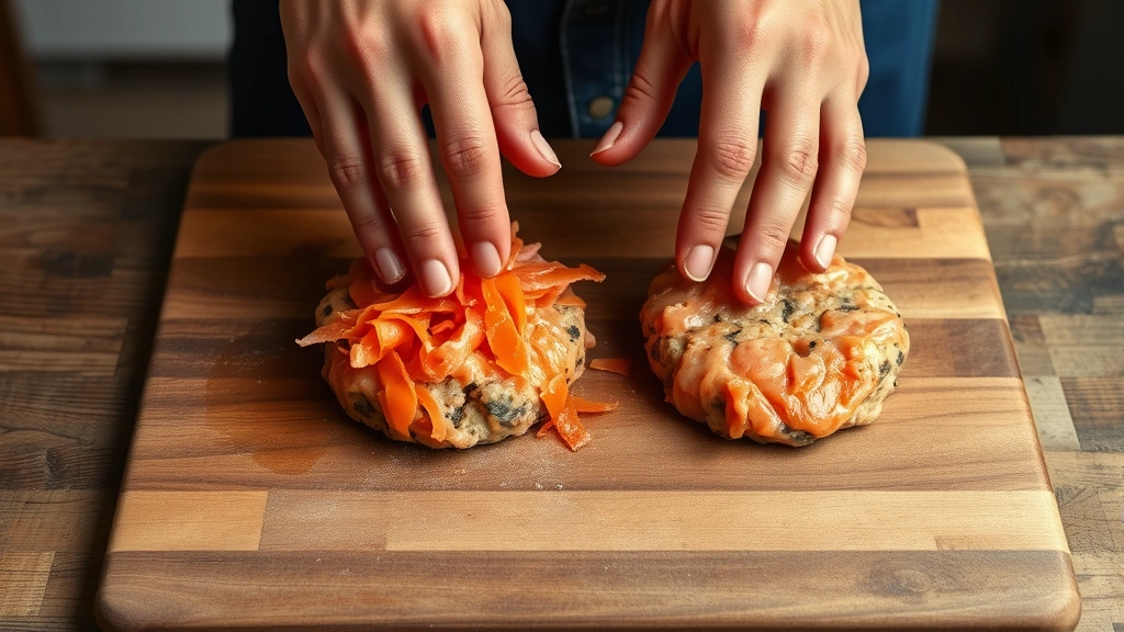 process: hands shaping raw salmon mixture into patties on a wooden surface, photorealistic, natural light, no text