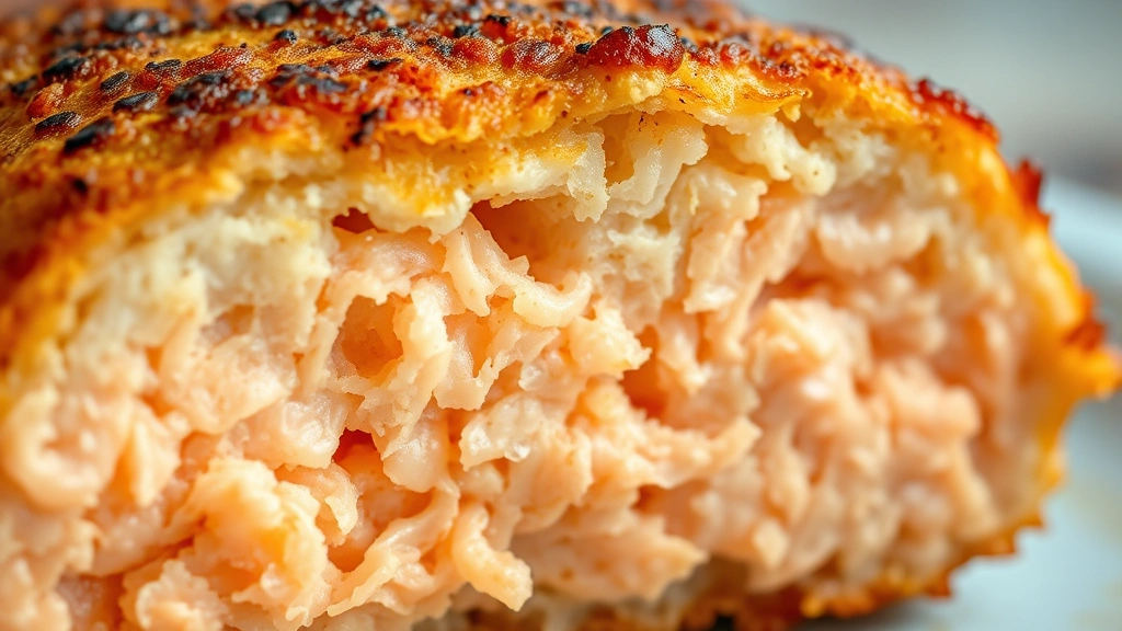 detail: close-up cross-section of a crispy golden salmon patty showing flaky texture inside, photorealistic, natural light, no text