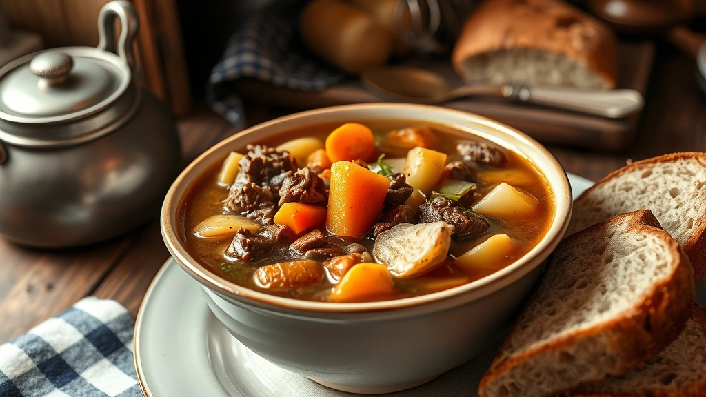 hero: steaming bowl of old-fashioned vegetable beef soup with tender beef chunks, carrots, potatoes, and celery in rich brown broth, crusty bread on the side, warm kitchen lighting, rustic table setting, photorealistic, natural light, no text