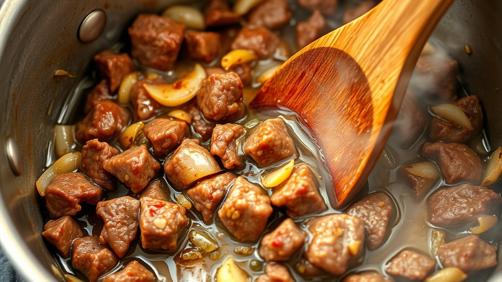 process: beef browning in pot with onions and garlic, steam rising, wooden spoon stirring, close-up of caramelization, photorealistic, natural light, no text