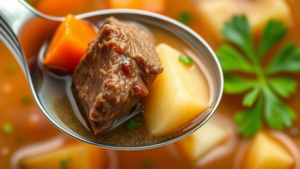 detail: close-up of spoonful of soup showing tender beef cube, carrot slice, potato, and broth, fresh parsley garnish visible, photorealistic macro photography, natural light, no text