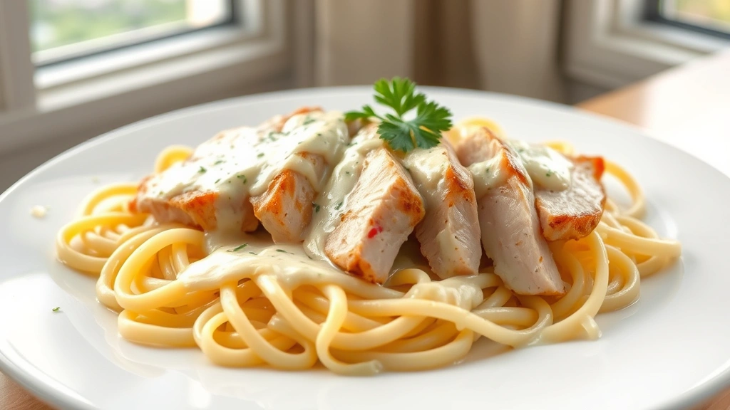 hero: Creamy Olive Garden Chicken Alfredo on white plate with fettuccine pasta and sliced chicken breast covered in silky Parmesan sauce, garnished with fresh parsley, photorealistic, natural window light, no text