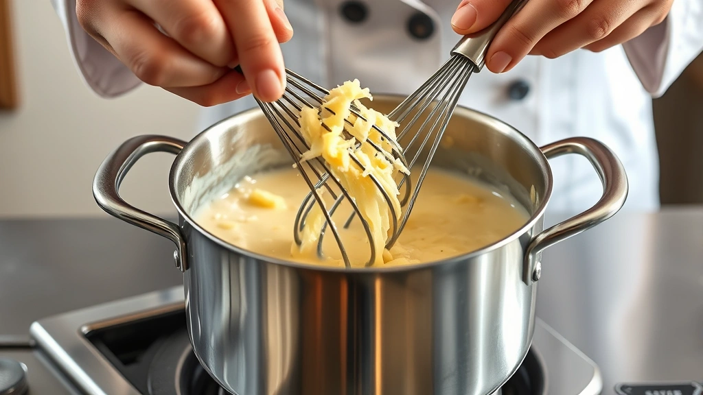 process: Chef's hands whisking fresh Parmesan cheese into creamy butter and garlic sauce in stainless steel saucepan, steam rising, photorealistic, natural kitchen light, no text