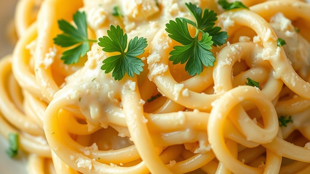 detail: Close-up macro shot of perfectly cooked fettuccine coated in creamy Alfredo sauce with melted Parmesan cheese and fresh parsley garnish, photorealistic, warm natural light, no text