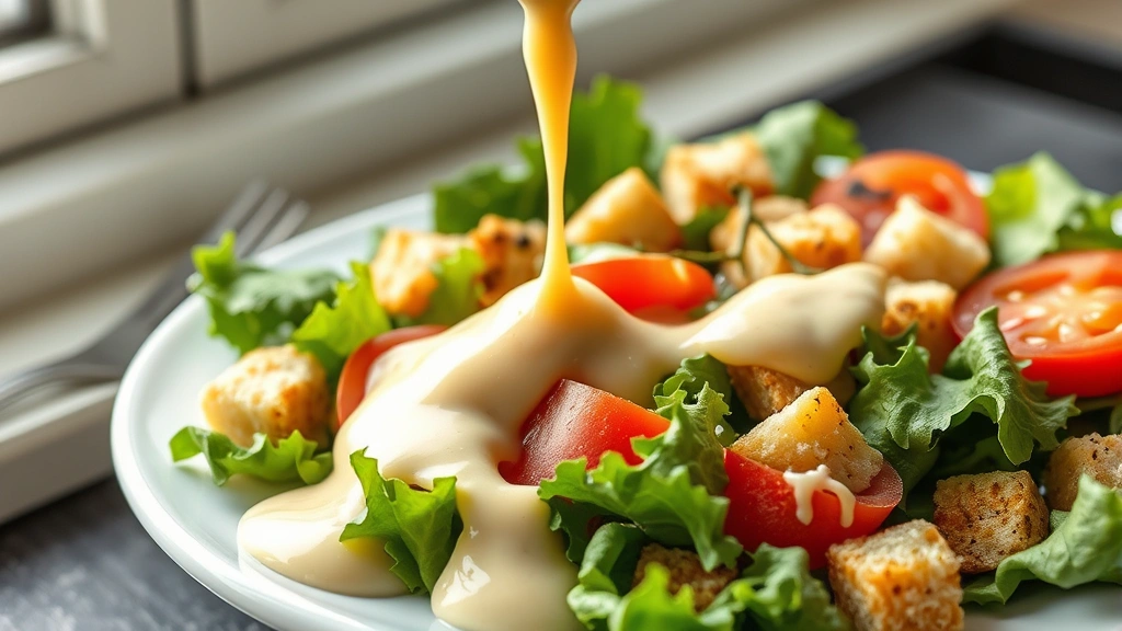 hero: creamy Italian dressing drizzled over fresh green salad with tomatoes and croutons, photorealistic, natural window light, no text, appetizing