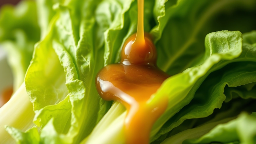 detail: close-up of dressing coating fresh romaine lettuce leaves, photorealistic, natural light, no text, shallow depth of field