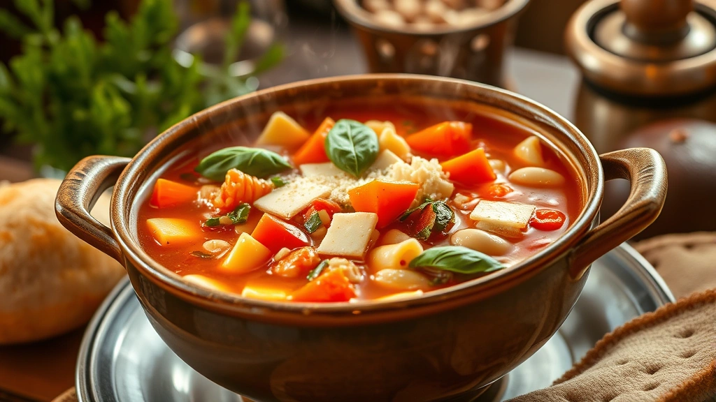 hero: steaming bowl of minestrone soup with colorful vegetables, pasta, white beans, fresh basil garnish and parmesan cheese, warm rustic Italian setting, photorealistic, natural golden hour lighting, no text