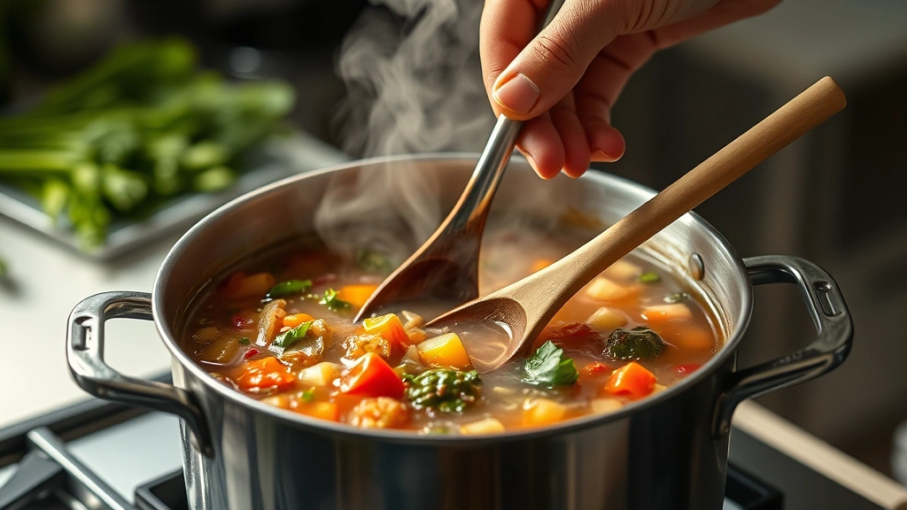 process: chef hand stirring pot of minestrone soup with wooden spoon, vegetables visible in simmering broth, steam rising, professional kitchen lighting, photorealistic, natural light, no text