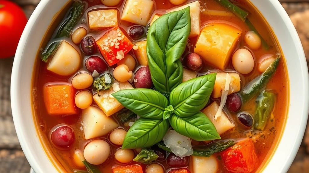 detail: close-up overhead shot of minestrone soup in white bowl showing individual vegetables, beans, pasta pieces, fresh basil leaf, parmesan shavings, olive oil drizzle, photorealistic, natural soft lighting, no text